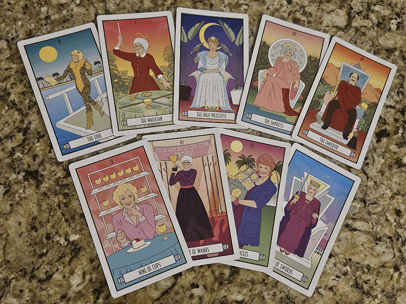 This tarot deck depicts characters and scenes from The Golden Girls as members of the Major and Minor Arcana.