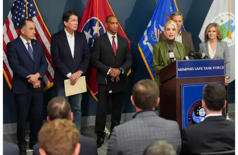 Attorney General Bondi will announce in January the arrests of Minnesota church protest participants. A group of officials stands at a podium with "Memphis Safe Task Force" written on it. Flags are in the background. The mood is serious and formal.
