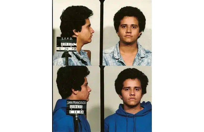 Two mugshots show a young El Mencho with curly hair in a denim shirt and blue hoodie. He has a neutral expression. Dates and numbers are visible.