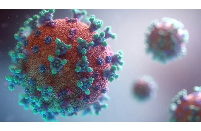 Microscopic view of a COVID-19 virus particle. Red sphere covered in blue and purple spike proteins, floating in a hazy, softly illuminated environment.