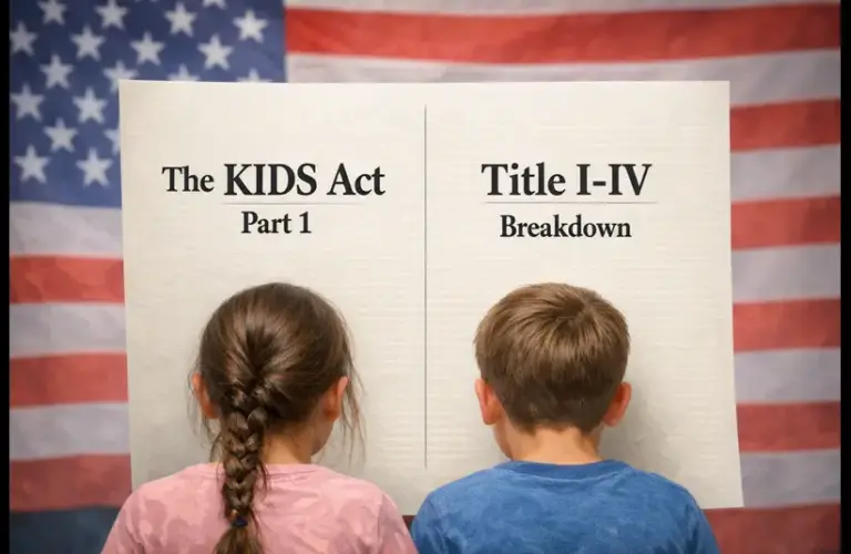 Two children face a board with "The KIDS Act Part 1" and "Title I-IV Breakdown," set against a backdrop of the American flag.