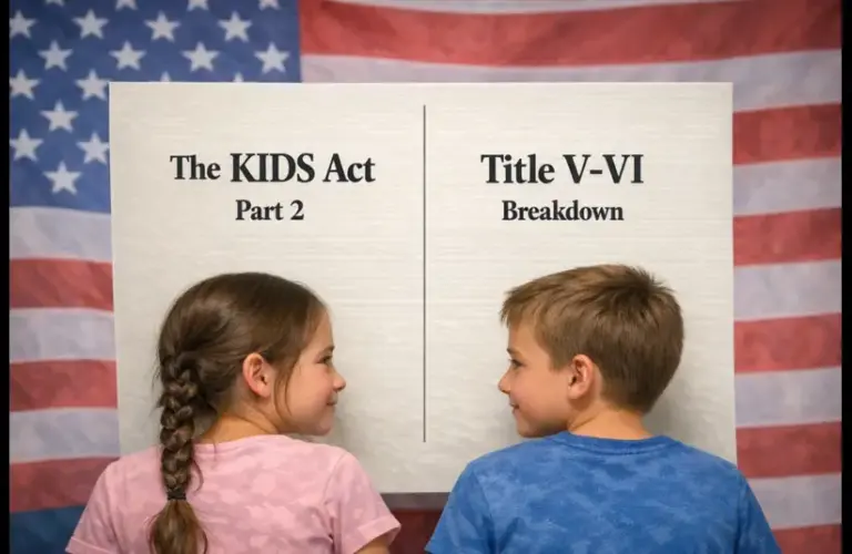 Two children stand back-to-back, smiling at each other in front of a U.S. flag. A poster reads "The KIDS Act Part 2" and "Title V-VI Breakdown."