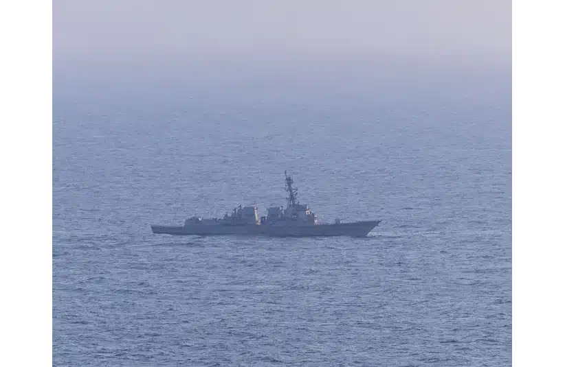 Arleigh Burke-class guided-missile destroyer USS Spruance (DDG 115) patrols the Arabian Sea during a maritime blockade against ships entering or exiting Iranian ports and coastal areas, April 15, 2026. Spruance is deployed to the U.S. 5th Fleet area of operations to support maritime security and stability in the Middle East. (U.S. Navy photo)