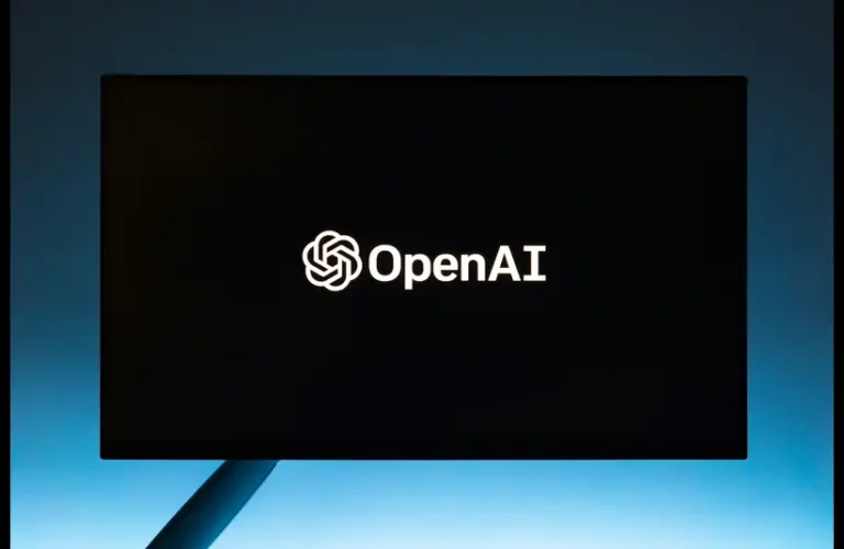 A black screen displays the OpenAI logo and text, set against a gradient blue background. The tone is modern and tech-focused.