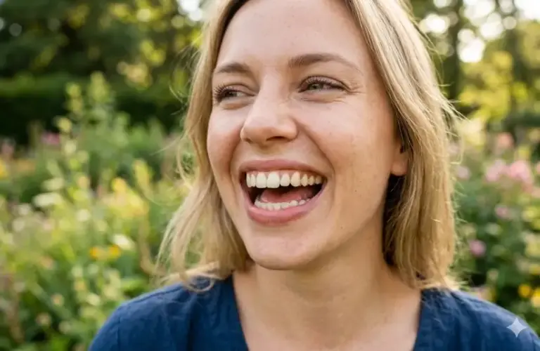 Woman smiling in natural setting with great oral health.