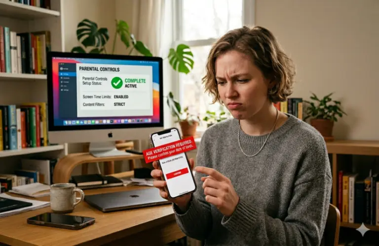 A frustrated person holding a phone displaying an age verification prompt. A computer behind shows active parental controls. Books and plants are in the background.