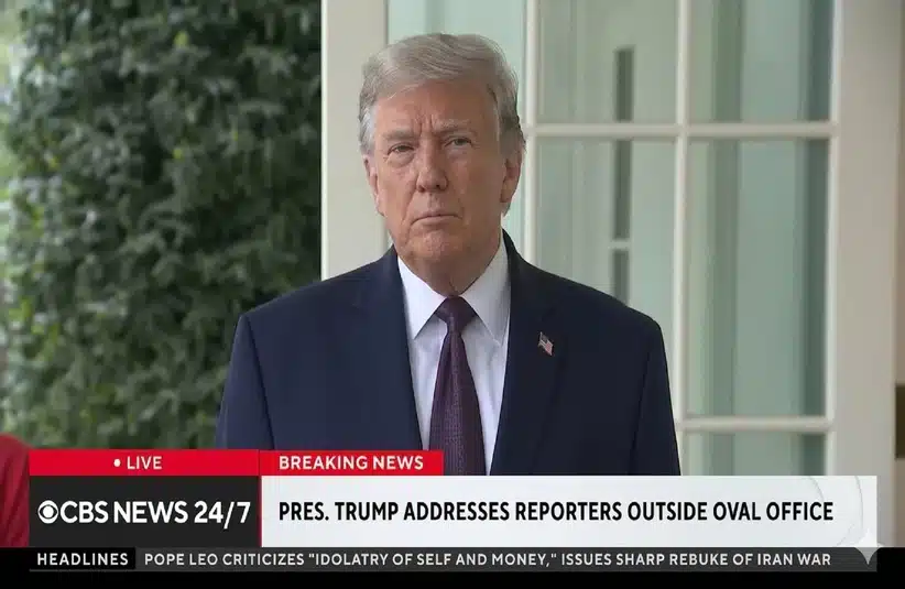 Screenshot of President Trump addresses reporters from CBS Live feed on CBS News YouTube Channel
