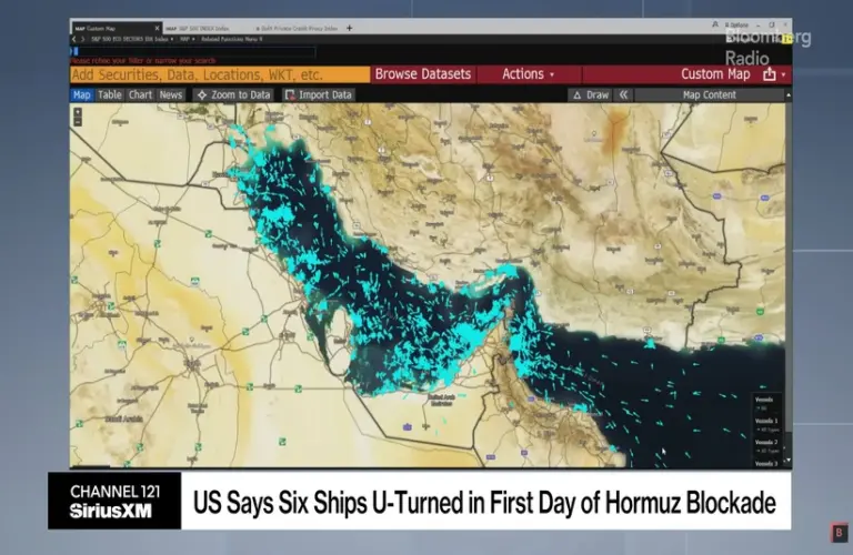 Image of the Strait of Hormuz showing ship locations with text describing 6 ships doing a u-turn during the first day