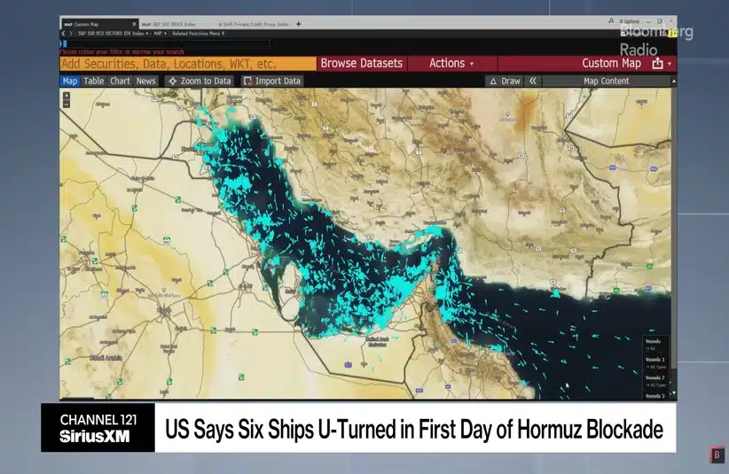 Image of the Strait of Hormuz showing ship locations with text describing 6 ships doing a u-turn during the first day