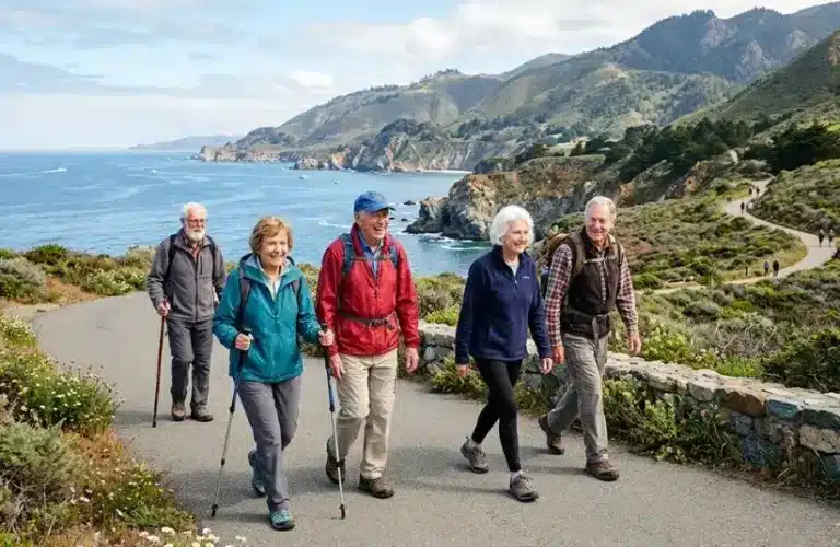 Superagers hiking with scenic view