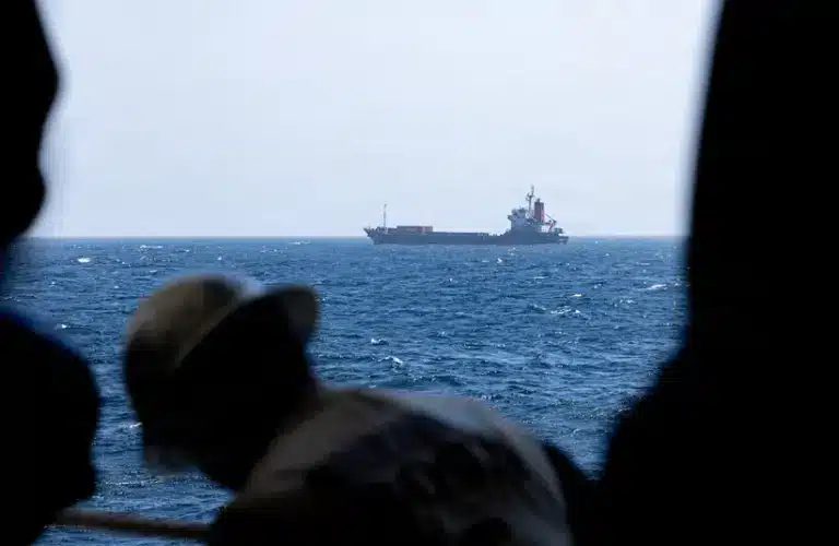 Commercial ship suspected of attempting to transit to Iran in violation of the U.S. blockade of Iranian ports, April 28, 2026. U.S. forces released the vessel after conducting a search and confirming the ship’s voyage would not include an Iranian port call