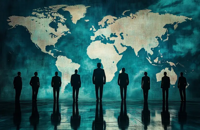 The visuals combine creativity with themes of strategy, politics, diplomacy, and global relations. Artistic representations of geopolitical concepts featuring maps, chess pieces, and globes symbolizing shifting alliances and power struggles.