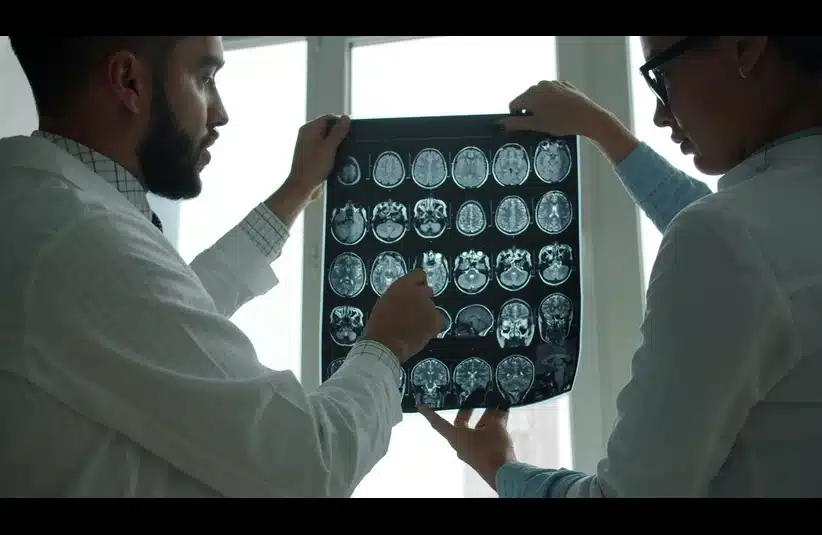 Two medical professionals examine brain MRI scans against a bright window. They discuss the images with focused expressions, highlighting teamwork.