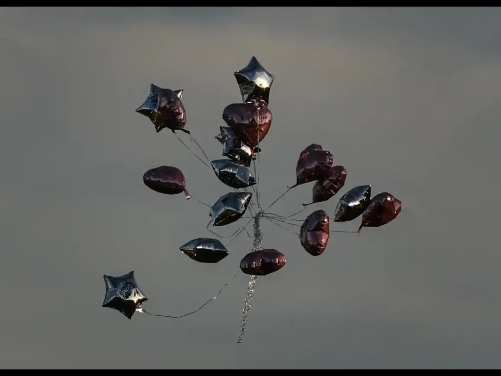 A cluster of heart-shaped and star-shaped balloons in metallic red and silver float against a gray sky, conveying freedom and whimsy.