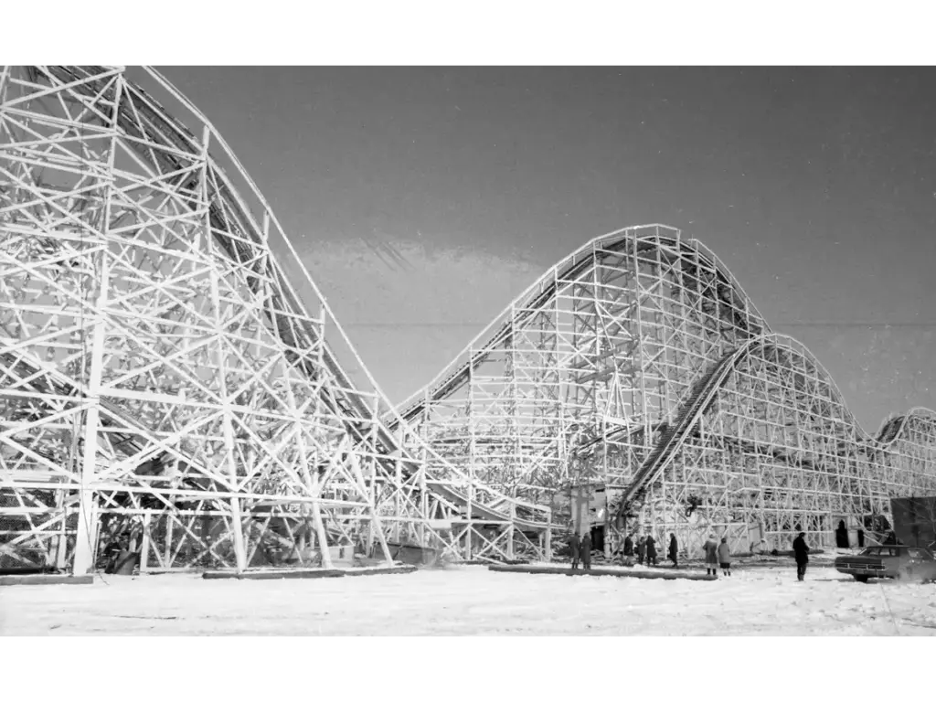 Palisades Amusement Park's Cyclone, a favorite roller coaster of millions for more than 40 years, is torn down to make way for high-rise apartments in Cliffside Park, on February 8, 1972. The apartments will be part of a $250-million condominium project on the site of the world-famous park.