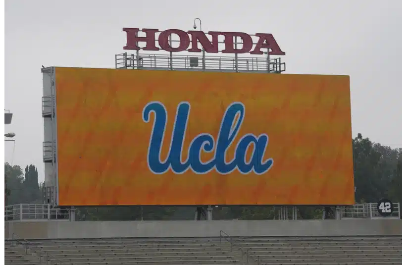 May 2, 2026; Pasadena, CA, USA; The UCLA Bruins logo on the video board at the spring game at Rose Bowl. Mandatory Credit: Kirby Lee-Imagn Images