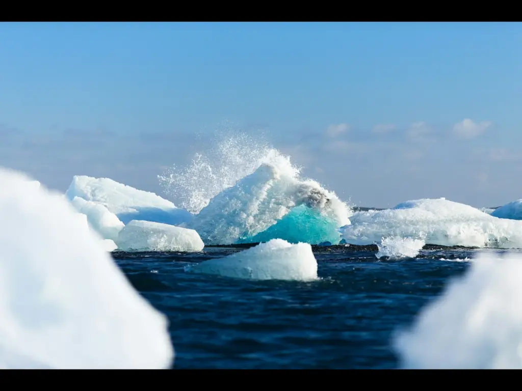 Icebergs floating in the Arctic Ocean.