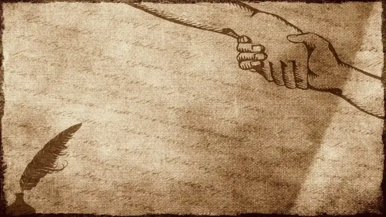Older looking parchment showing two hands shaking to symbolize negotiations or agreements with a quill in the corner of the parchment.