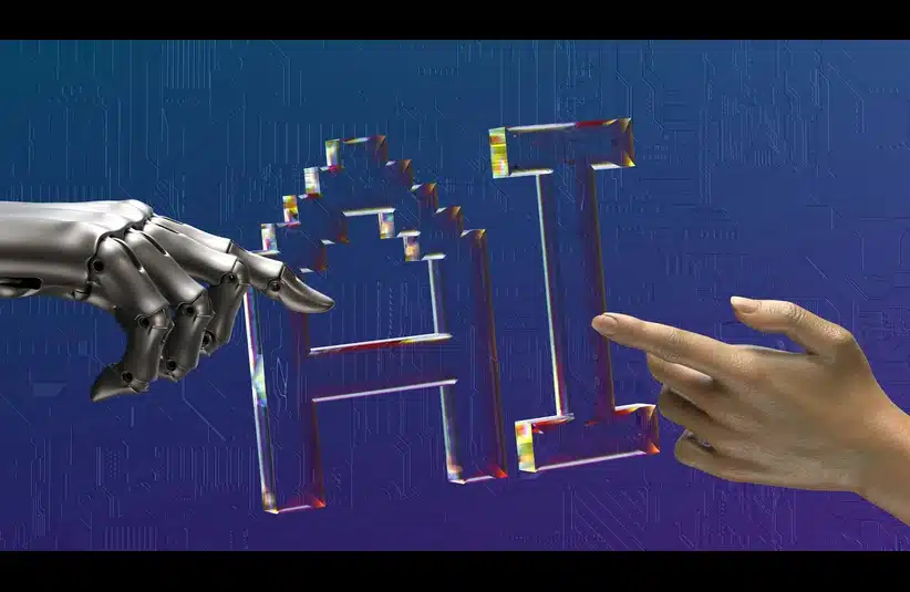 A metallic robotic hand and a human hand reach towards each other, separated by the word "AI" in metallic letters, symbolizing human-robot collaboration.