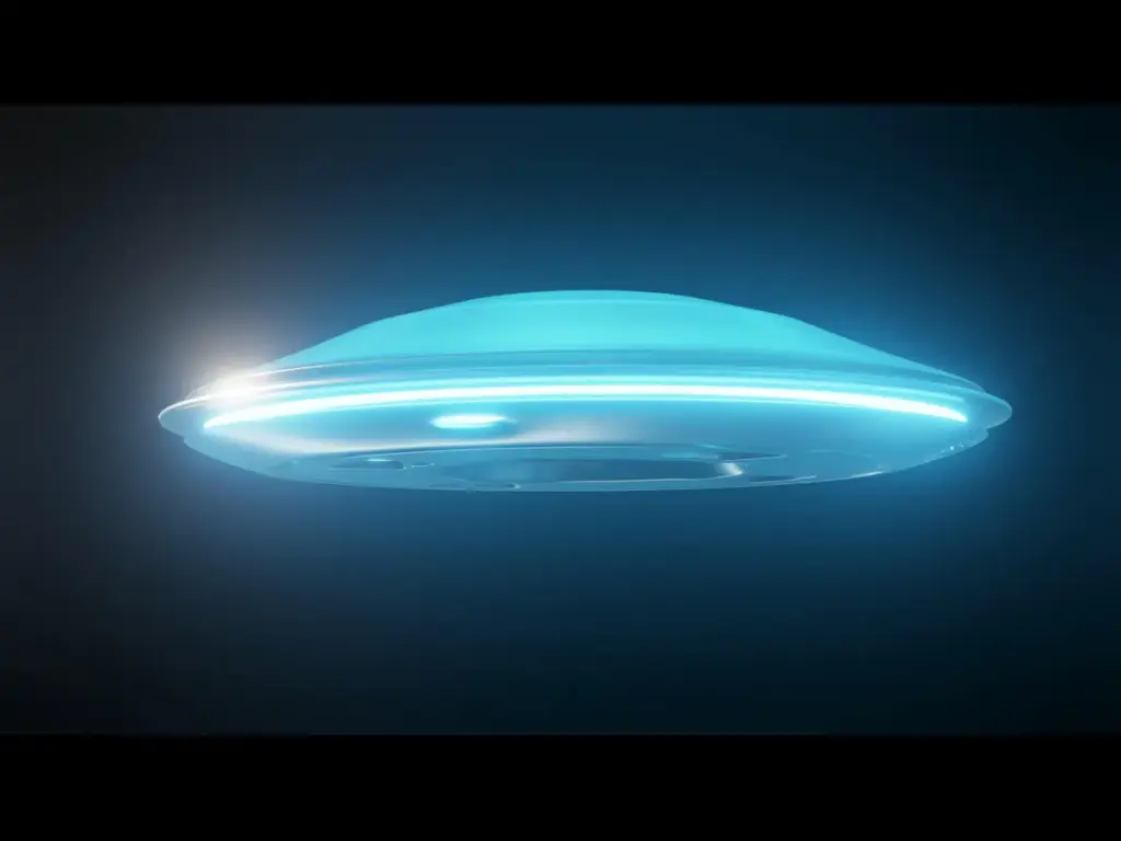 A glowing blue UFO hovers in a dark, starless sky, emitting a soft light. The sleek, disc-shaped craft suggests mystery and futuristic technology.