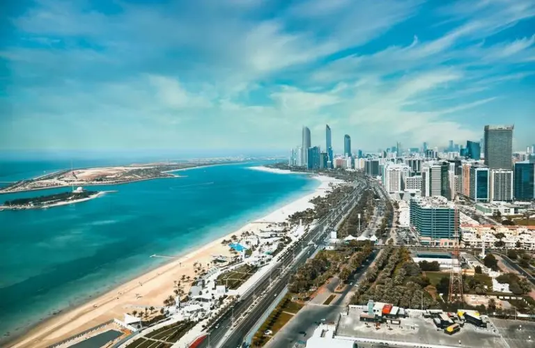 An aerial photograph of one of the Gulf states capitals, Abu Dhabi in United Arab Emirates