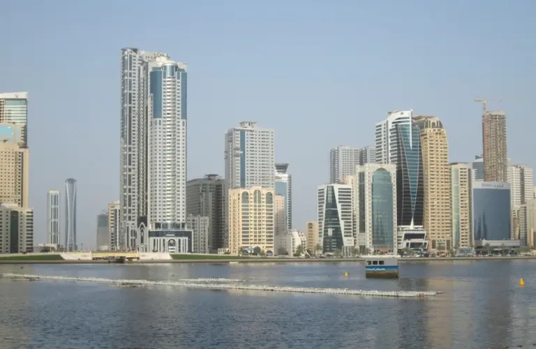 The skyline of Sharjah, a city in the United Arab Emirates (UAE), along its waterfront