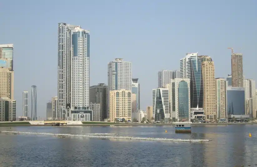 The skyline of Sharjah, a city in the United Arab Emirates (UAE), along its waterfront