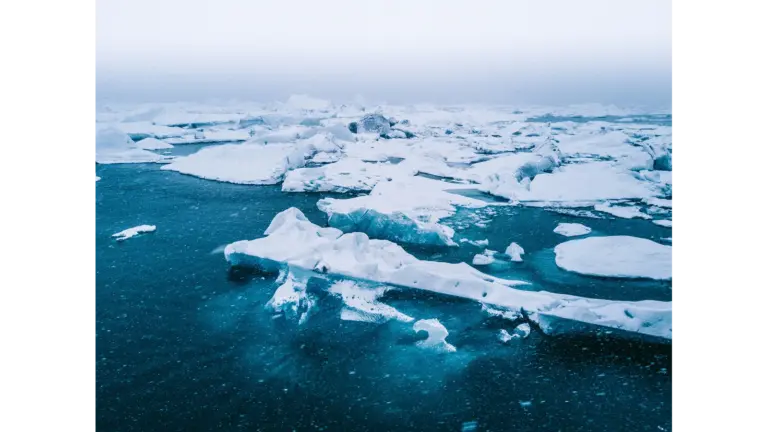 Icebergs floating in the Arctic Ocean.