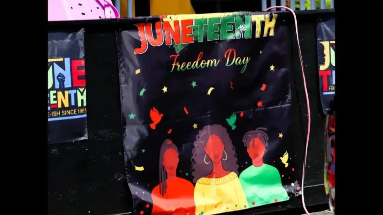 A banner reading "Juneteenth Freedom Day" features colorful illustrations of three people against a black background with stars and confetti, celebrating liberation.