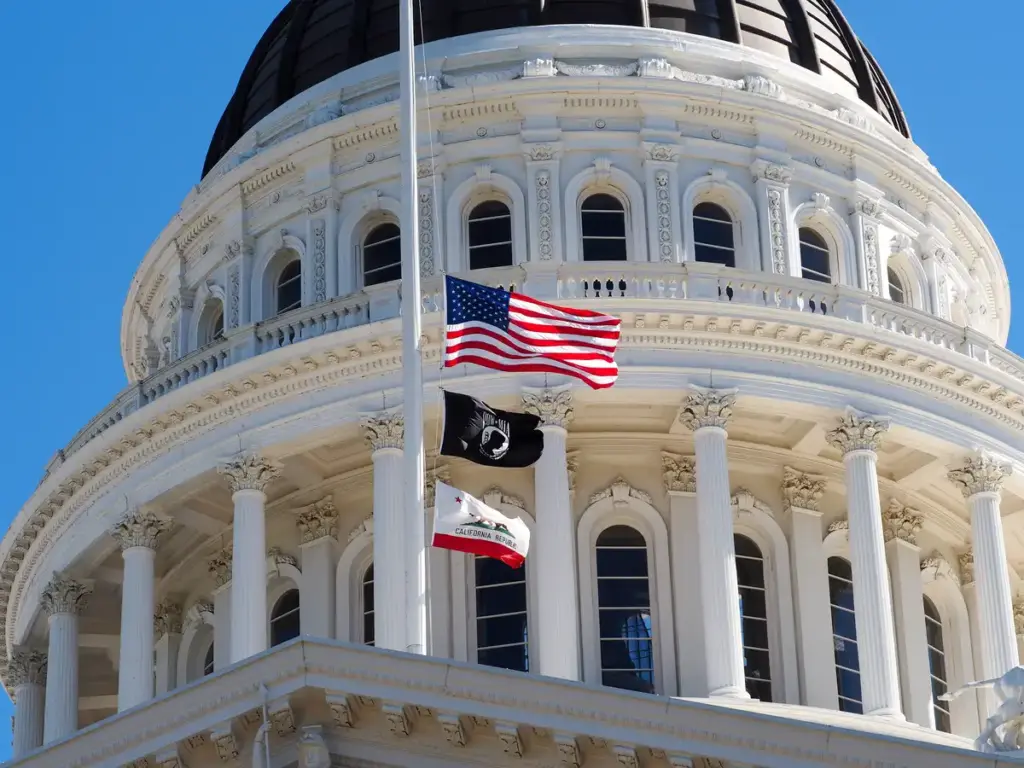 The flags over the California State Capitol fly at half-staff in honor of Chief Warrant Officer 3 Robert M. Marzan of Sacramento, on Thursday, March 5, 2026, in Sacramento, CA.
