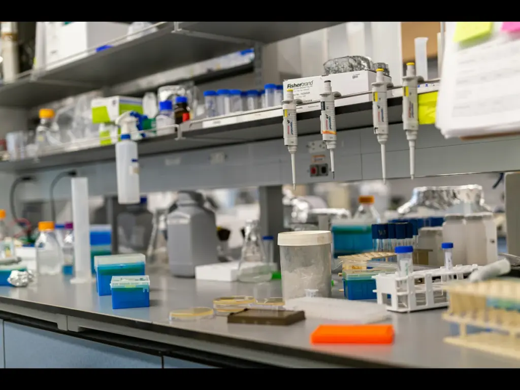 A busy laboratory workbench filled with equipment: pipettes, test tubes, bottles, and petri dishes. The setting is organized yet active, suggesting ongoing experiments.