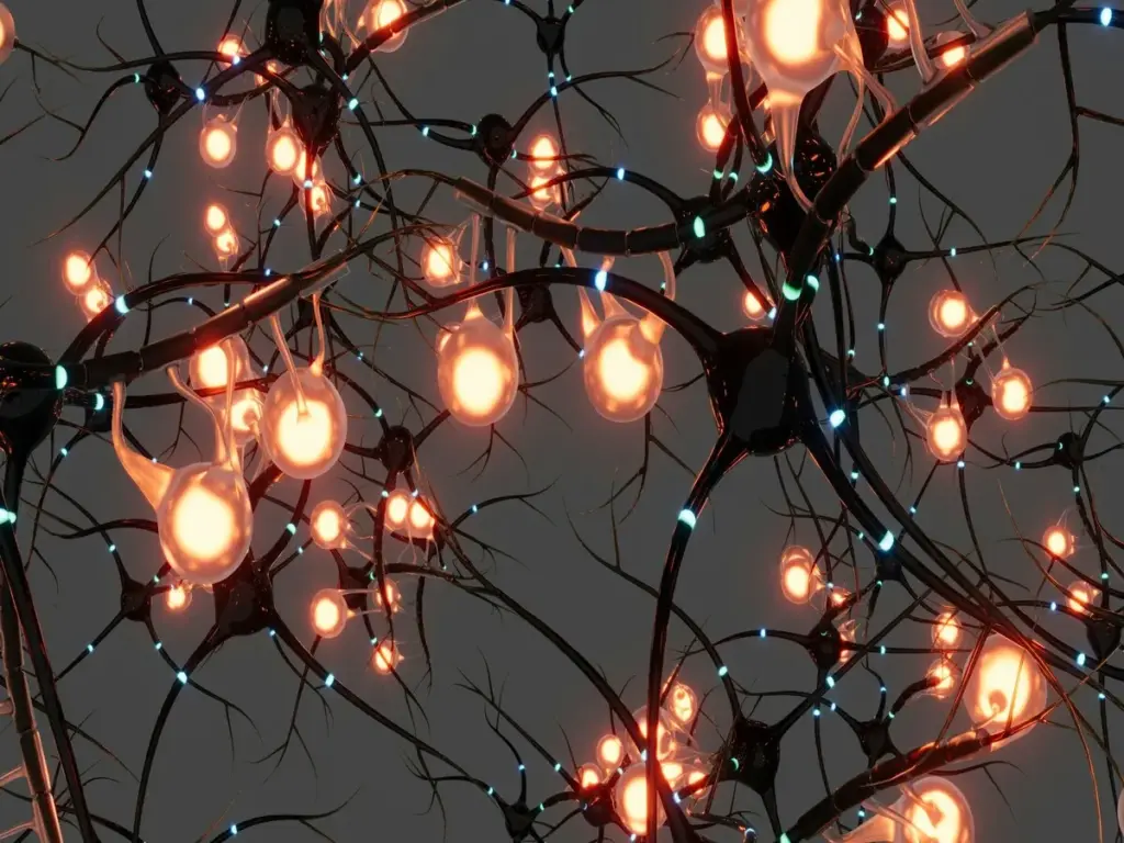 A network of interconnected neurons with glowing orange synapses and blue-tinged connections, conveying an active, dynamic brain network.