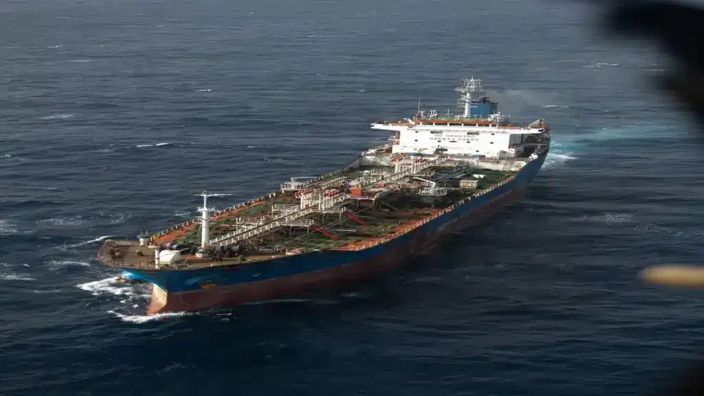 U.S. Marines from the 31st Marine Expeditionary Unit board M/T Celestial Sea along the Strait, an Iranian-flagged commercial oil tanker suspected of attempting to violate the U.S. blockade