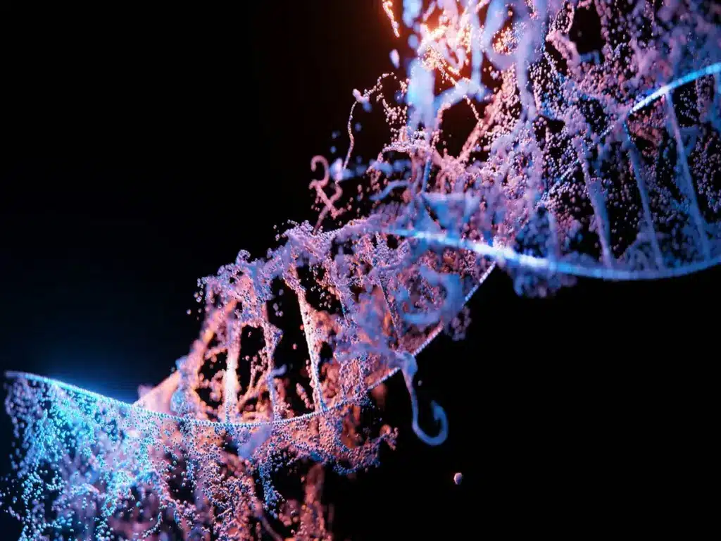 A dynamic 3D DNA strand with blue and pink hues, set against a dark backdrop. The vibrant colors and intricate details evoke a sense of scientific wonder.
