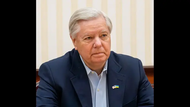 An image of Sen. Lindsey Graham looking directly into the camera, dressed in a dark suit jacket, white collared shirt, and a red tie.