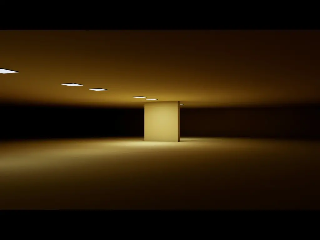 A darkened yellow room in Backrooms.