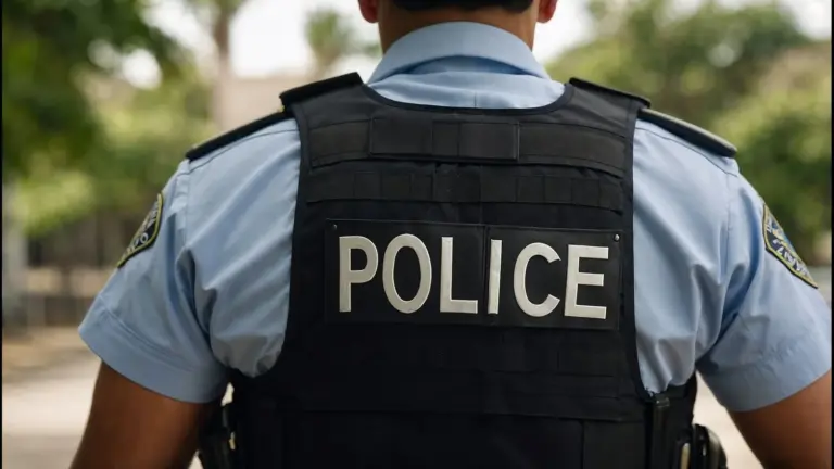 The back of a police officer, looks to be patrolling a neighborhood with the surrounding trees blurred.